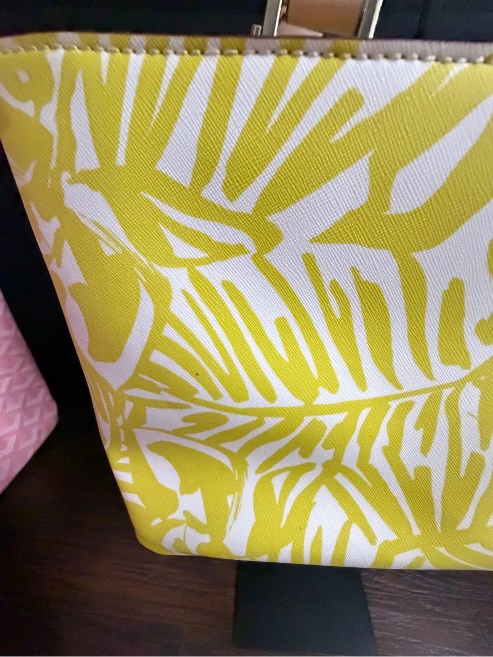 Kate Spade Yellow Palm-Print Tote Bag with Tan Handles